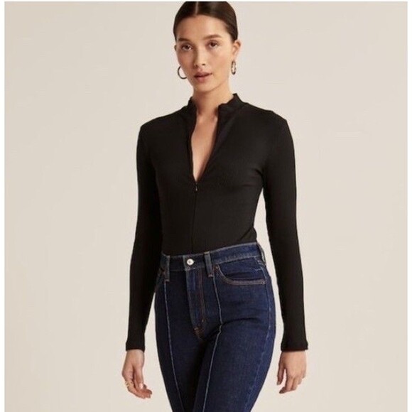 Abercrombie And Fitch Seamless Ribbed Zip Bodysuit Mock Neck Sz M - Picture 3 of 12